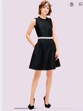 Kate Spade Black Ruffle Flare Sleeveless Crystal Mikado Mid Dress Size 12